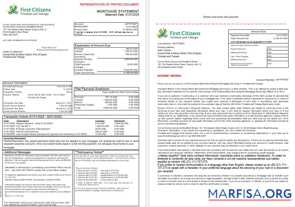 Realistic Trinidad and Tobago First Citizens Bank mortgage statement in Word and PDF formats, 3 pages 1 2 download for verification